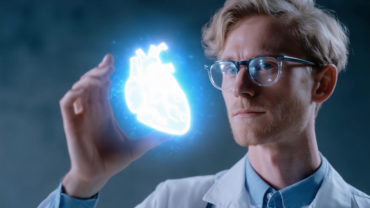 Uno scienziato esamina un modello olografico di cuore, esplorando innovazioni nella tecnologia medica e il futuro della cardiologia con fascino e intensità
