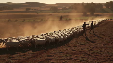 sheep herding in a dusty field at sunrise/sunset