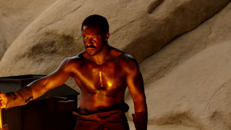 muscular man with glowing skin in desert landscape
