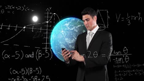 Animation-of-caucasian-businessman-using-smartphone-over-globe-and-data-processing