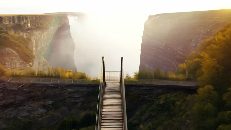 A wooden bridge over a deep gorge with a waterfall in the background