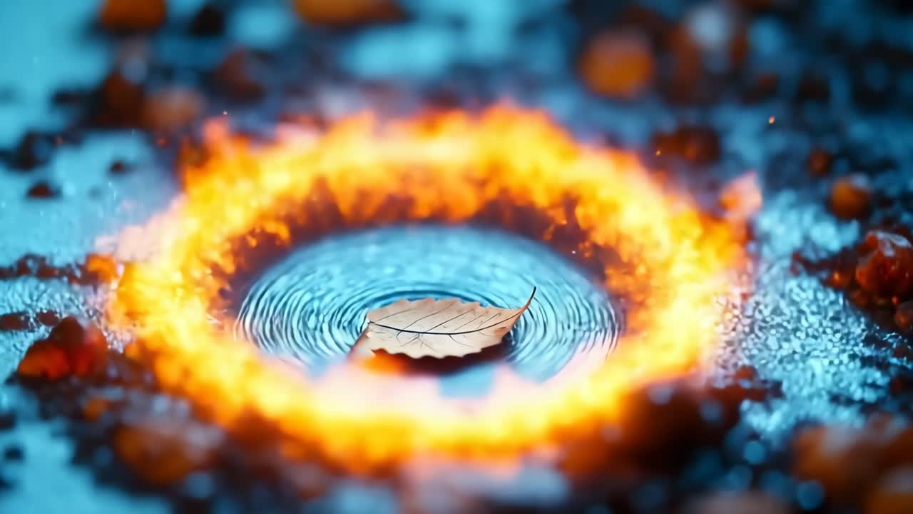 Leaf on water, fire ring. A leaf floats on water while surrounded by a glowing ring of fire, showcasing a vivid contrast of elements at twilight.