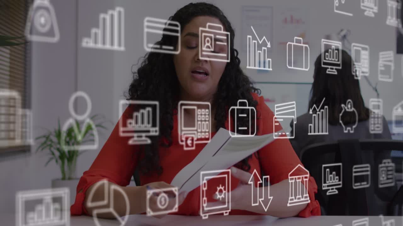 Animation of rotating digital head and social media email icons over woman using smartphone