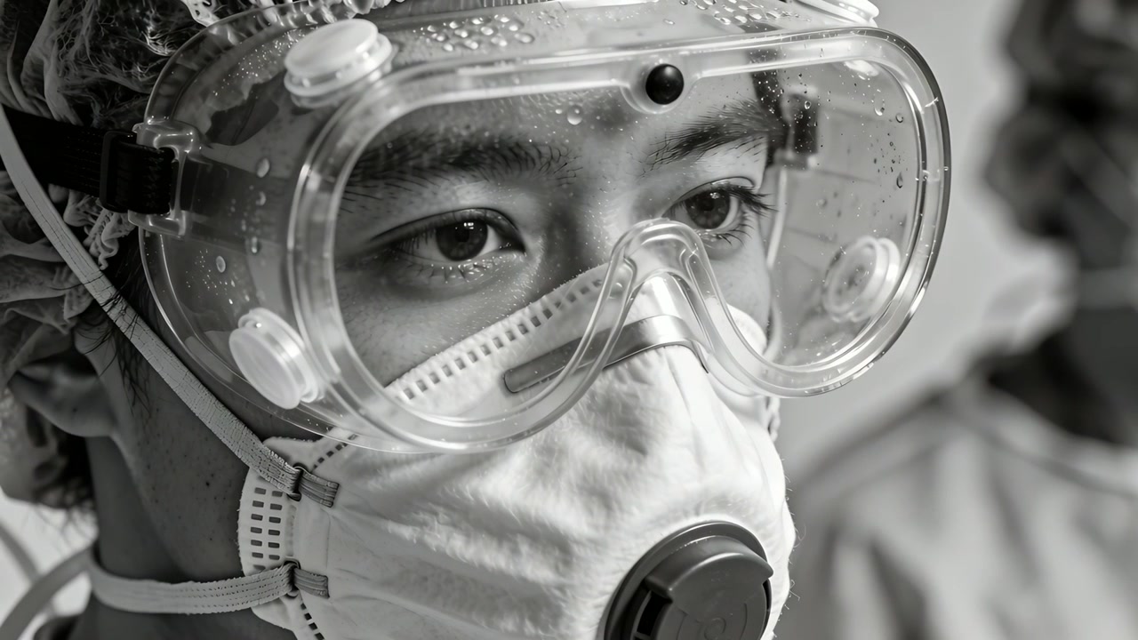 Blinking from lid-drooping Asian man in cap gazing in ICU showing fogged goggles and mask valve
