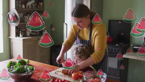 animación de iconos de sandía sobre mujer caucásica con hijo cocinando.
