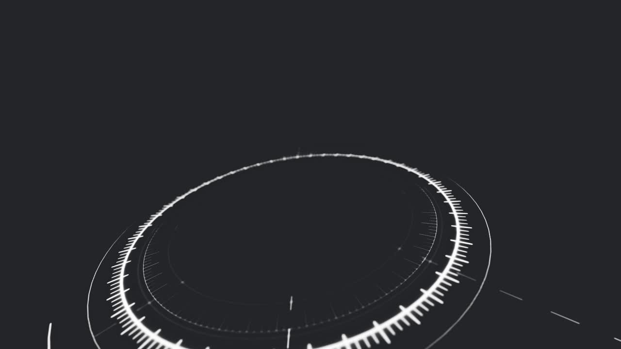 HUD activating, rotating ring scanning, wireframe house assembling, hovering, visualizing data
