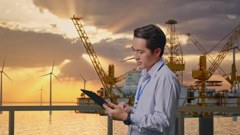 vista lateral de un trabajador profesional masculino asiático de pie con su tableta con producción de hidrógeno en alta tecnología, instalación industrial de alta tecnología, comprobando en su tablet con meditación
