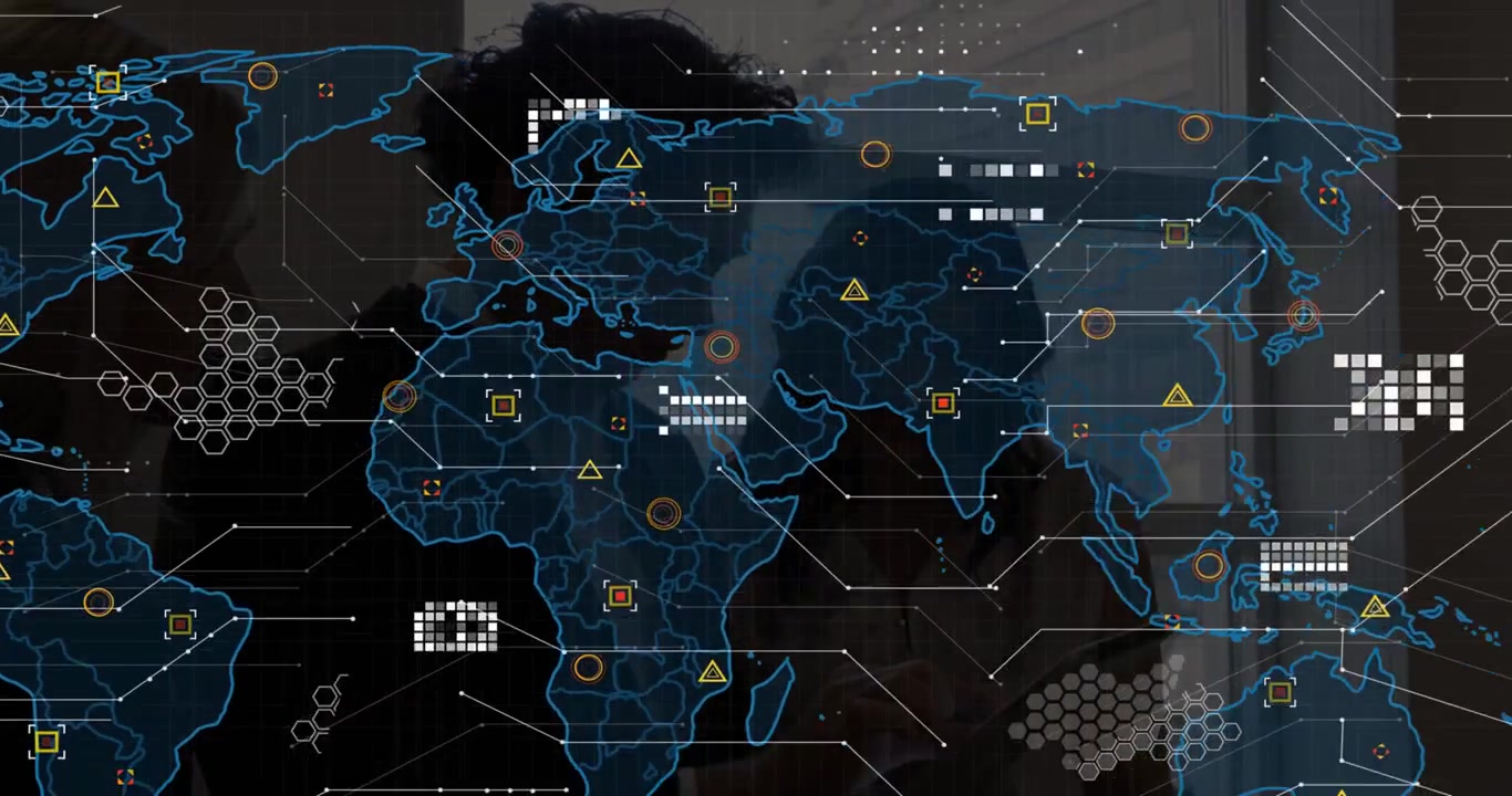 Man pointing tablet and team leaning in, analyzing global business data as animated map expanding