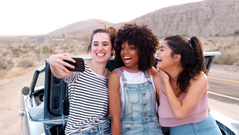 amigas tomando selfies durante un descanso en un viaje por carretera