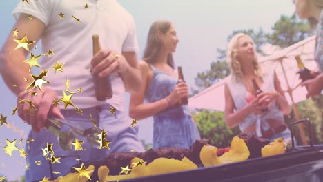 animation of stars over group of caucasian friends having bbq and drinking beer