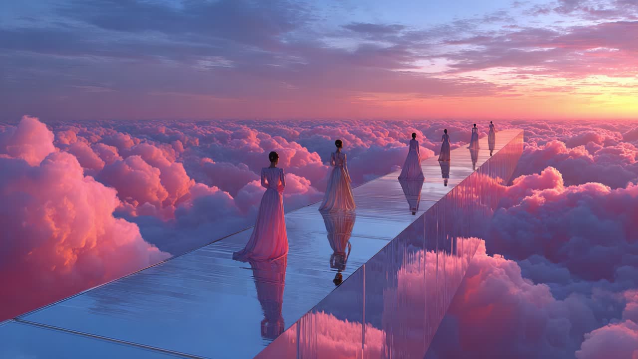 A Surreal Journey Through a Dreamlike World Where Elegantly Dressed Figures Walk on a Shimmering Path Amongst Vibrant Pink Clouds Under a Breathtaking Sunset Sky