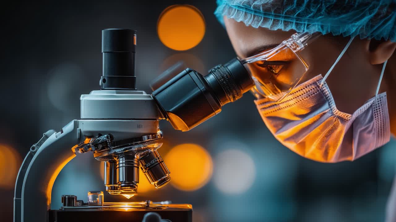 A diligent researcher examines a specimen under a microscope, focusing on the intricate details of the sample while illuminated by soft ambient light in a laboratory setting