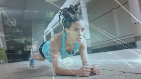 Animation-of-network-of-connections-over-fit-woman-exercising