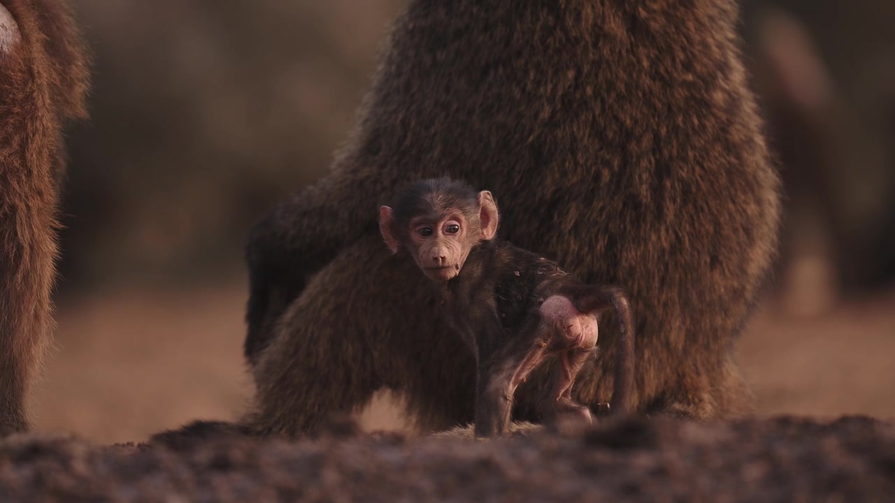 Cámara lenta cinematográfica de una pequeña cría de babuino en una tropa de babuinos. Primer plano de crías de animales de safari en Kenia, África. Vida silvestre y naturaleza africana.