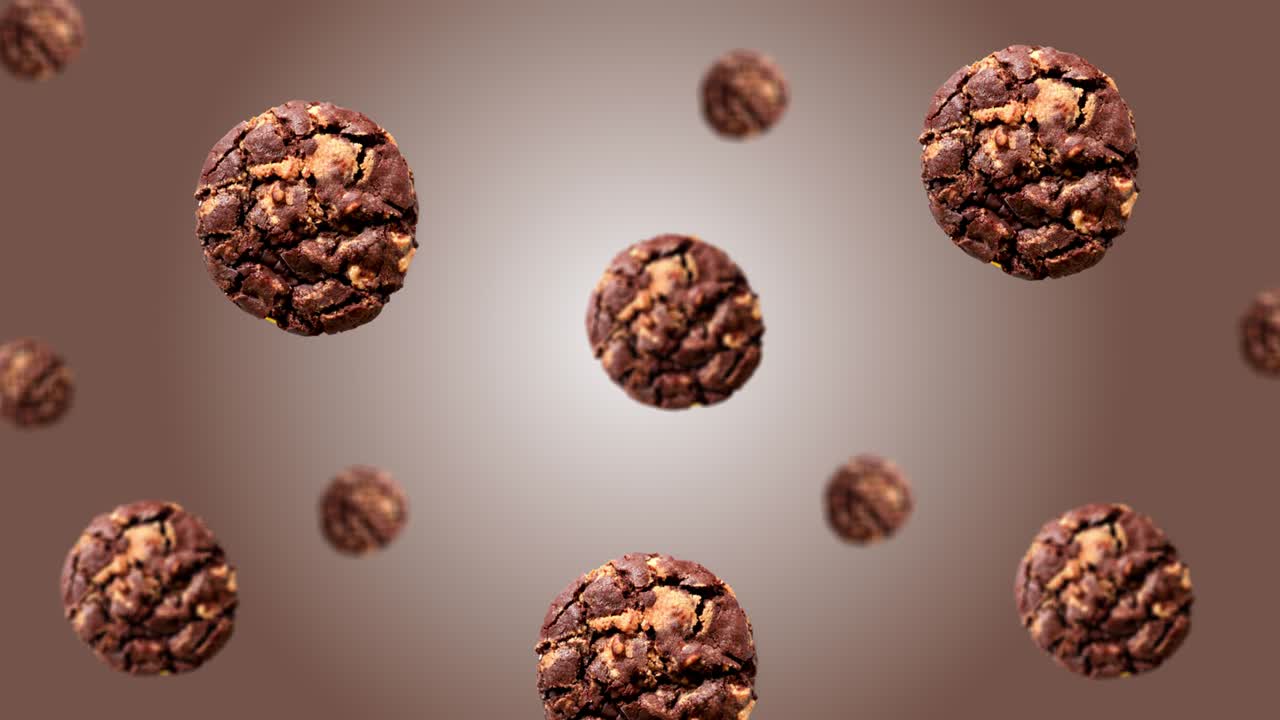 아침 식사에 맛있는 초콜릿  쿠키의 스트림: 트렌드 그라디언트 컬러 배경에서 다양한 지름의 지름, 4k uhd 영상, 미래 디자인, 모션 디자인, 애니메이션, 팝 아트 디자인, 크리에이티브 크리스마스 과자, 음식 개념