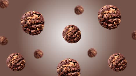 a stream of delicious chocolate chip cookies for breakfast of different diameters diameters  on a trend gradient color backgroun. 4k uhd footage. futuristic design, motion design animation. pop art design, creative christmas sweets food concept