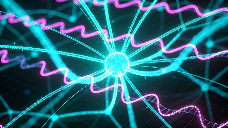 Pulsing central cyan node transmitting data in 3D network filaments and magenta strands with sparks
