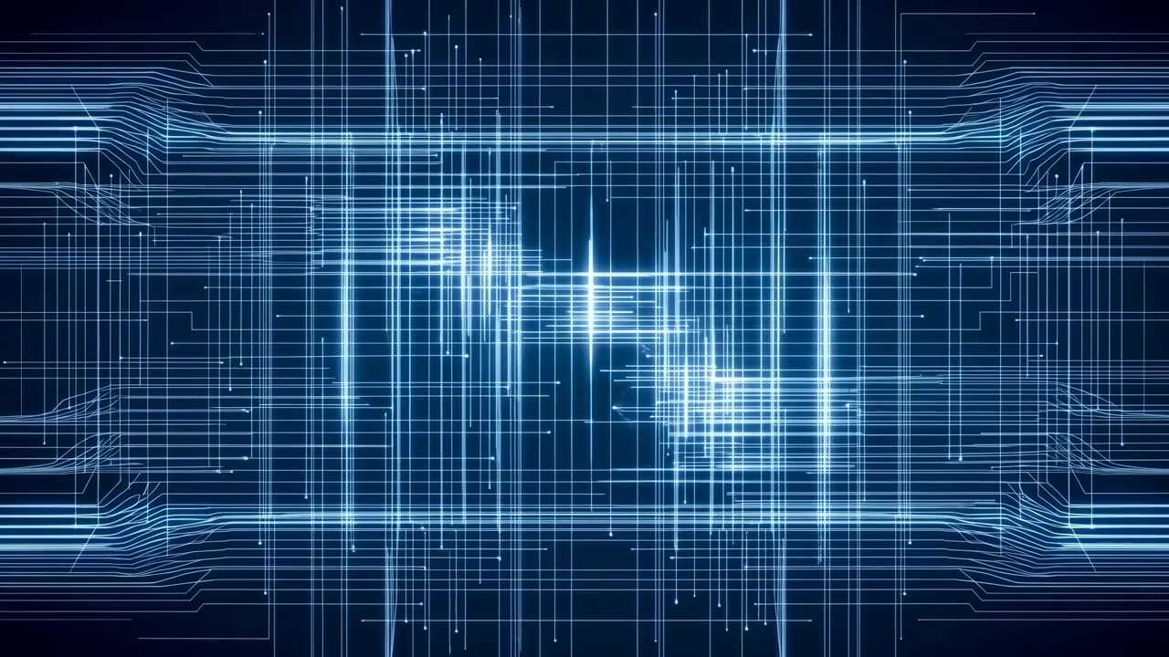 Glowing Blue Circuit Grid Visualizing Data Flow Across Networked Lines, Pulsing Nodes, Digital Patterns,