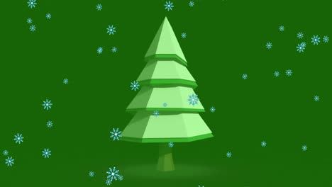 Animation-of-snow-falling-over-christmas-tree-on-green-background