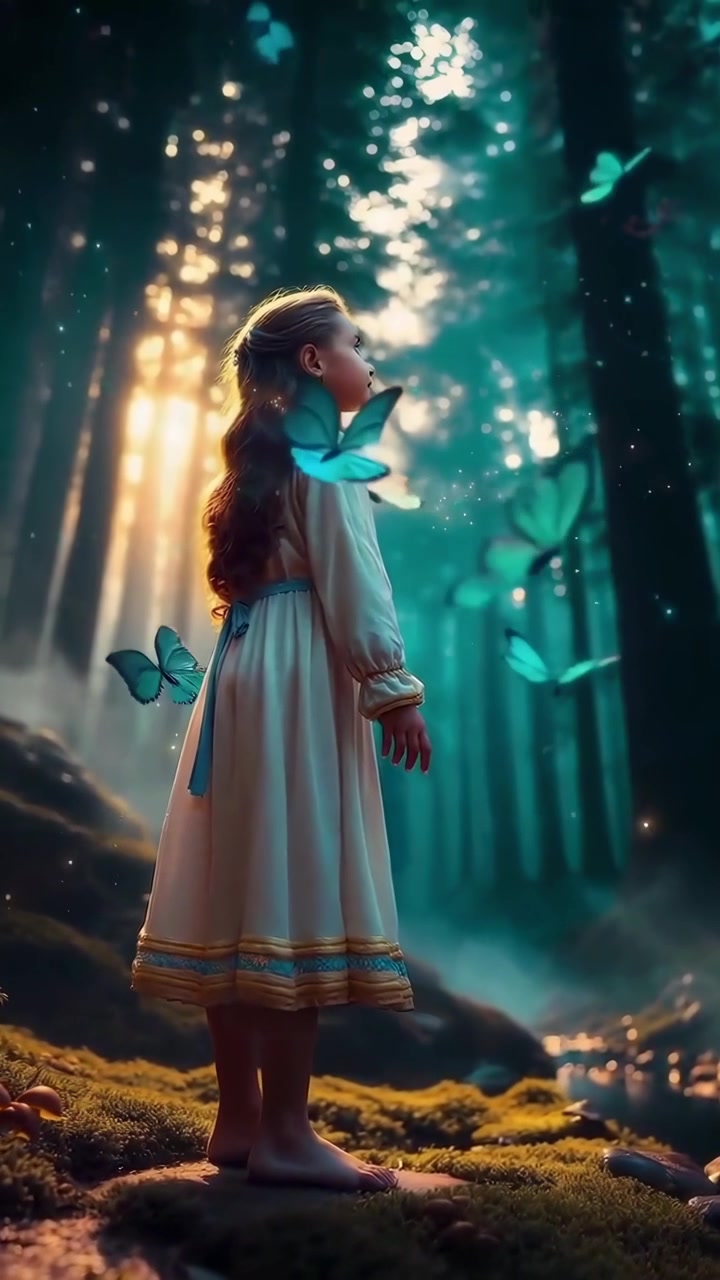 Giovane ragazza in una foresta incantata con farfalle luminose