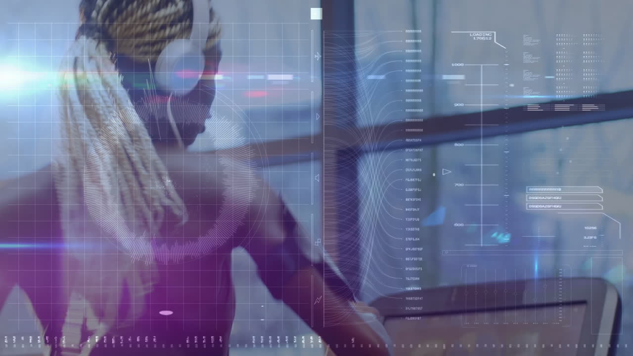 Animation of scope scanning and data processing over woman exercising in gym