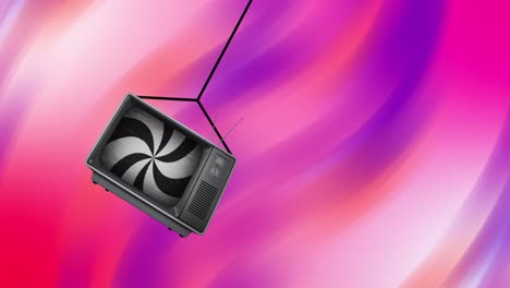 Animation-of-black-and-white-stripes-spinning-over-retro-tv-on-purple-and-pink-background