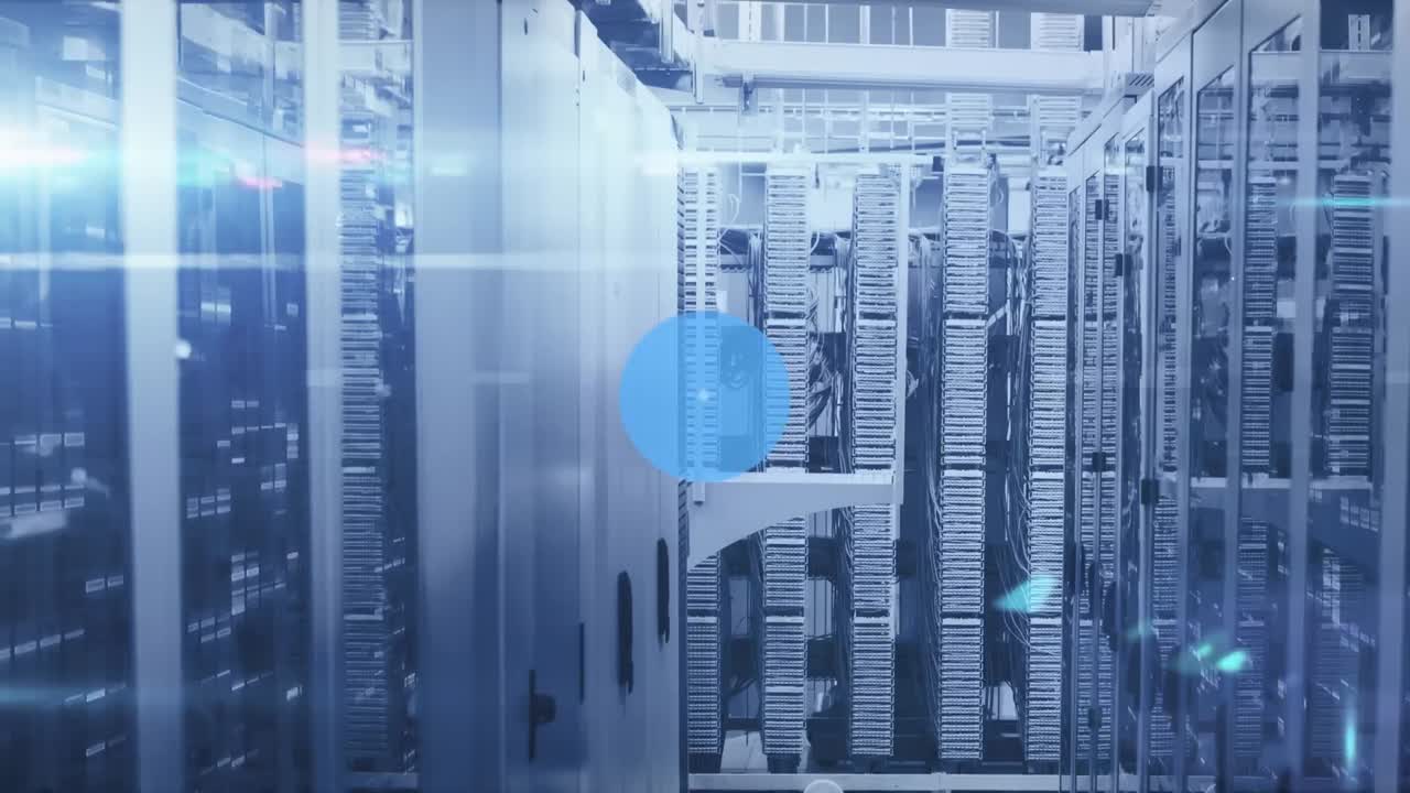 Animation of network of connections with icons over computer servers