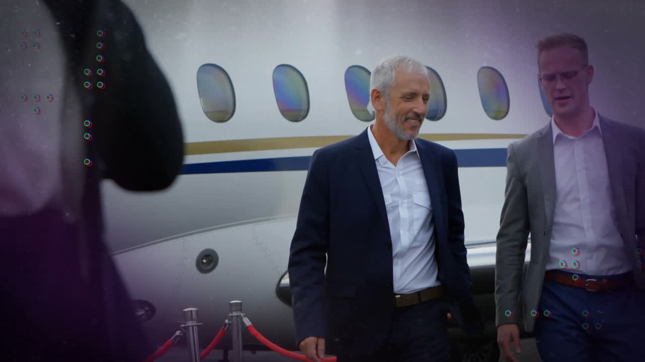 Mature man jr man stepping past red rope by jet gesturing as overlays highlighting business arrival