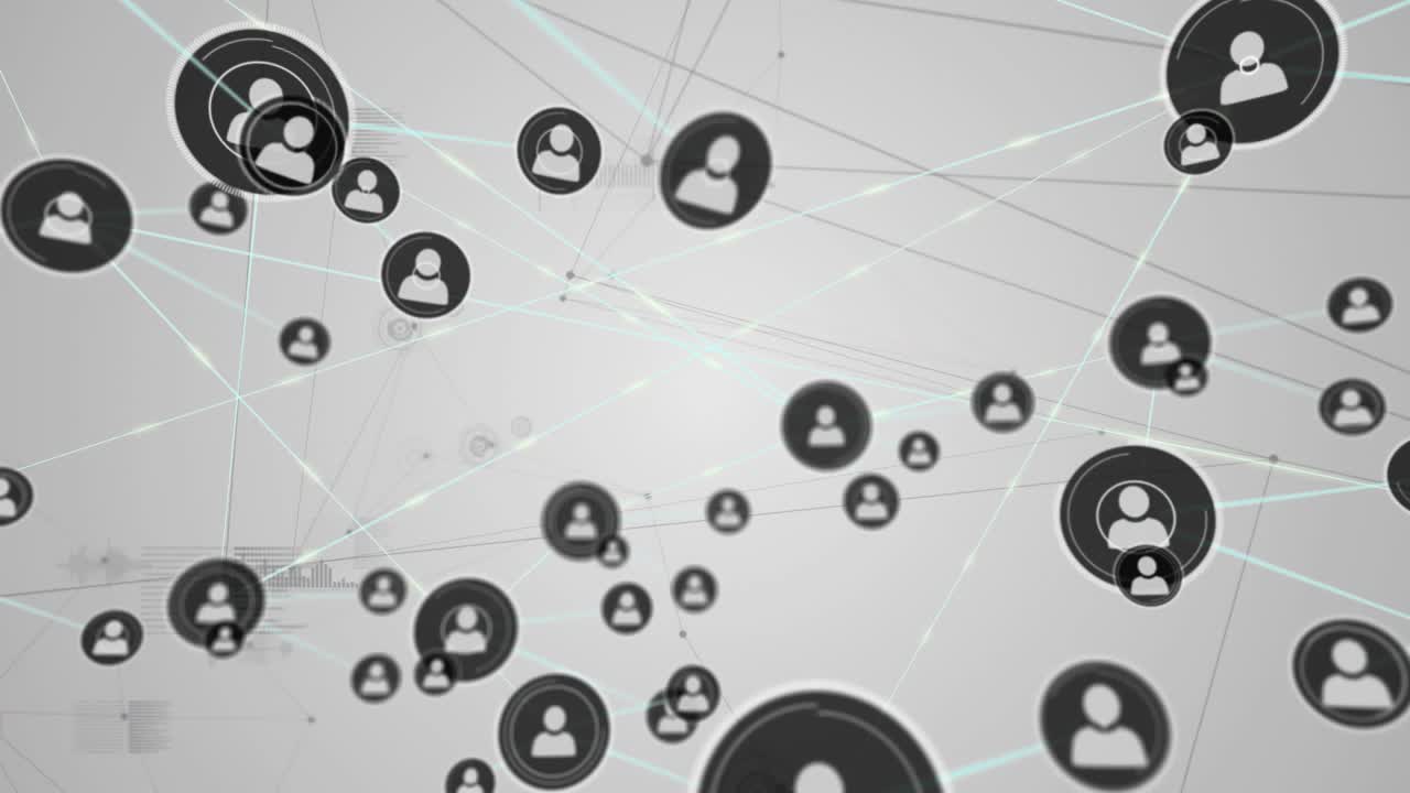 Animation of network of profile icons and data processing against grey background