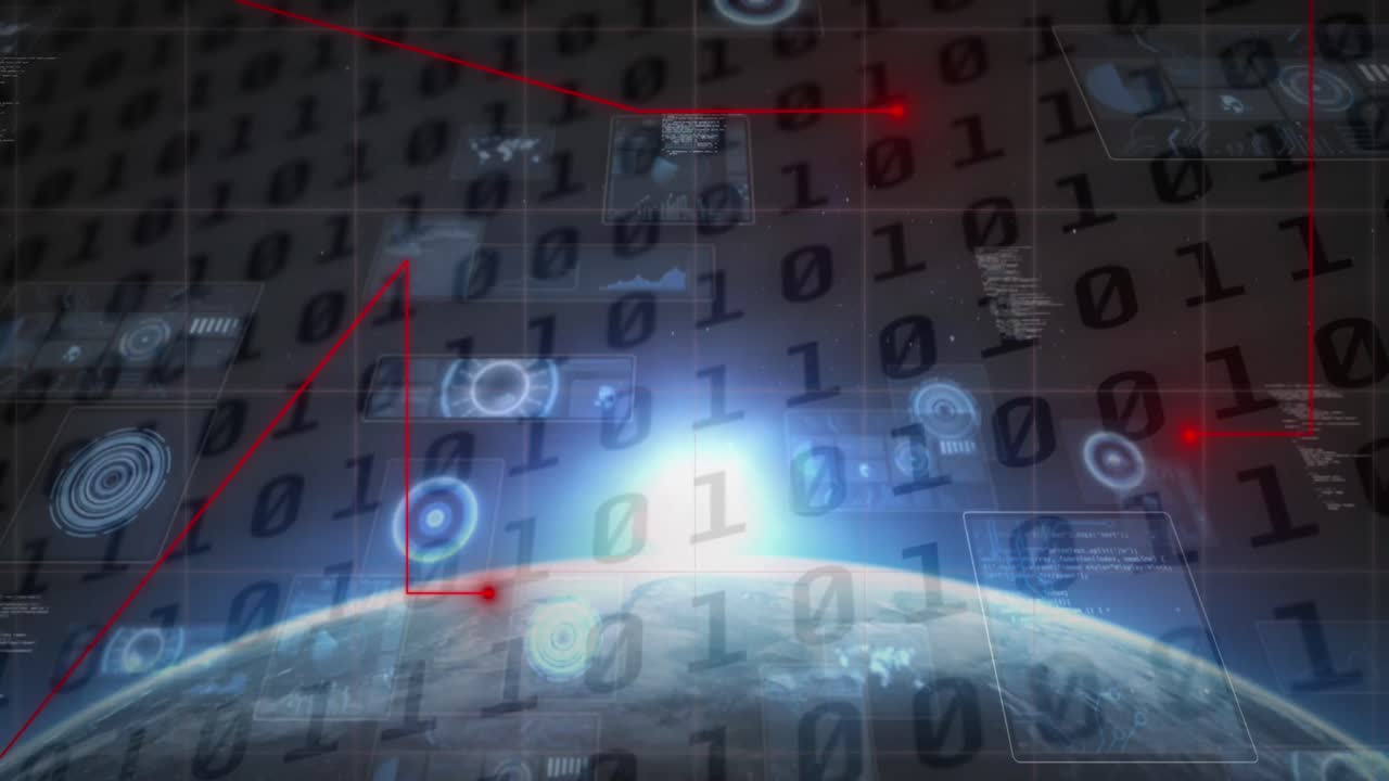 이진 코드, 원 및 지구 위의 반이는 선을 형성하는 빨간 움직이는 점의 애니메이션