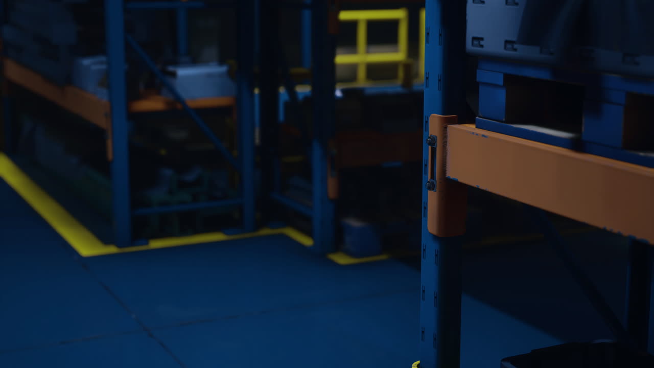 Warehouse interior with bright blue flooring and shelves in dark lighting