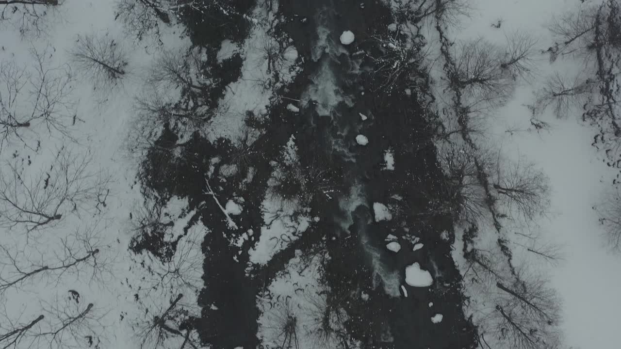 Sneklædt landskab og frossen flod fra drone