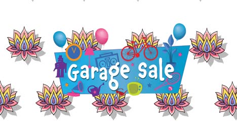 animation of garage sale text over blue banner and flowers on white background