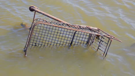 shopping cart, old, rusted, partially submerged in dirty river water with slow zoom in