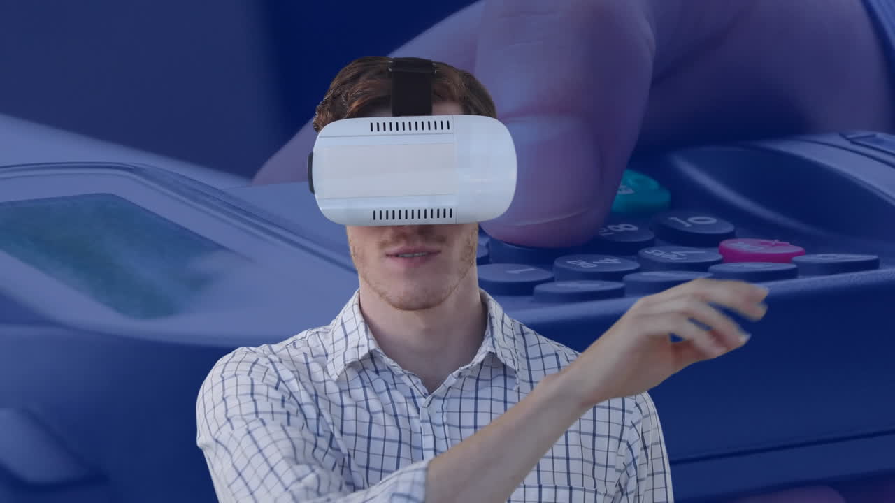 Animation of businessman wearing vr headset touching virtual screen over payment terminal