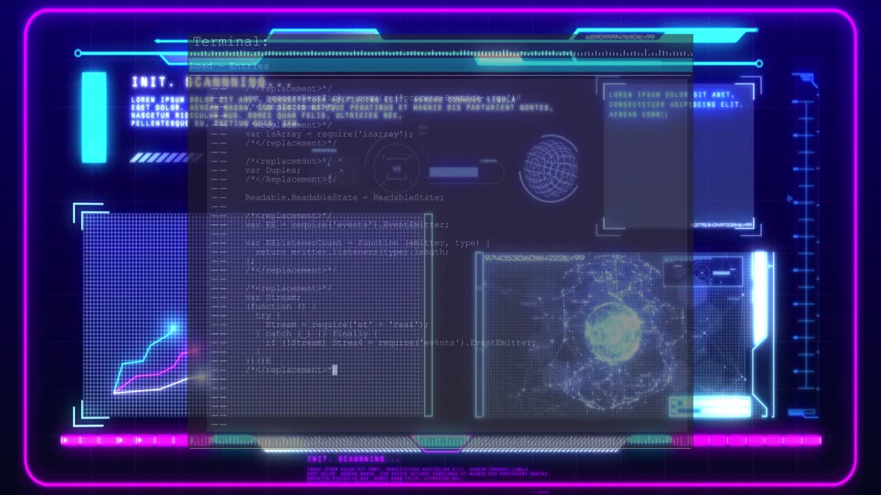 INIT header initiating HUD scan, overlay sliding, graphs animating, globe pulsing indicating boot