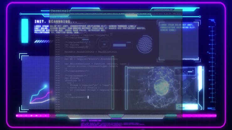 INIT header initiating HUD scan, overlay sliding, graphs animating, globe pulsing indicating boot
