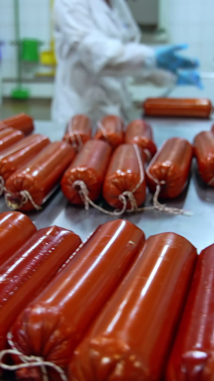 Loaves of freshly-made soft cheese at the metal table. Two workers finishing the packaging of dairy product. Ready-made cheese in orange package close up. Vertical video