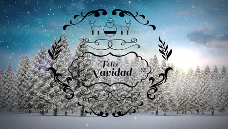 animation of feliz navidad text over snow falling and winter scenery