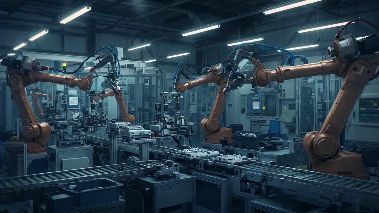 Advanced Robotic Arms Operating in a High-Tech Manufacturing Facility Showcasing Precision Engineering and Automation in Modern Production Processes
