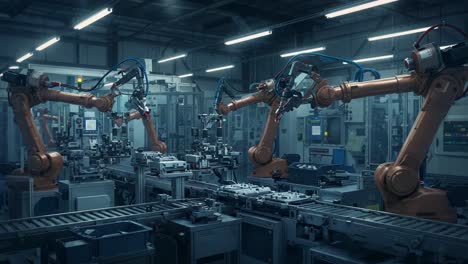 advanced robotic arms operating in a high-tech manufacturing facility showcasing precision engineering and automation in modern production processes