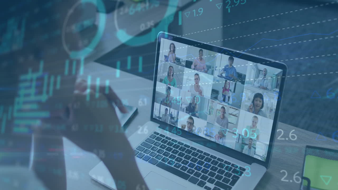 Video call on laptop with financial data processing animation overlay