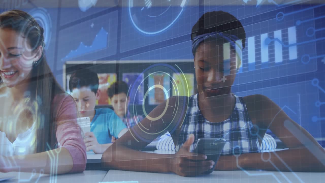 Front-row student lifting smartphone and scrolling, tablet-tapping peer, charts pulsing over board