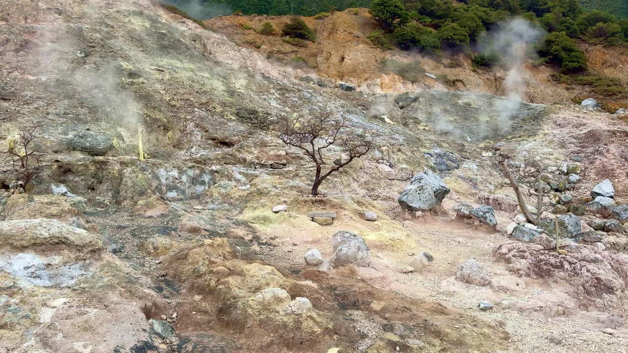 Steaming sulfur field landscape with rocky terrain and fumaroles emitting white smoke in a volcanic area