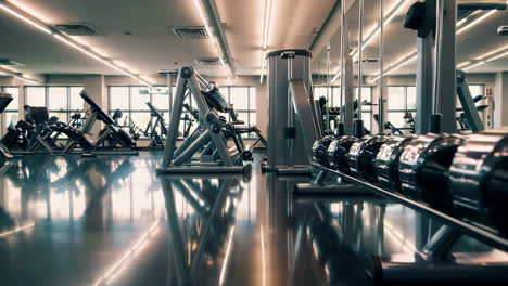 modern gym interior with exercise equipment and reflective floor