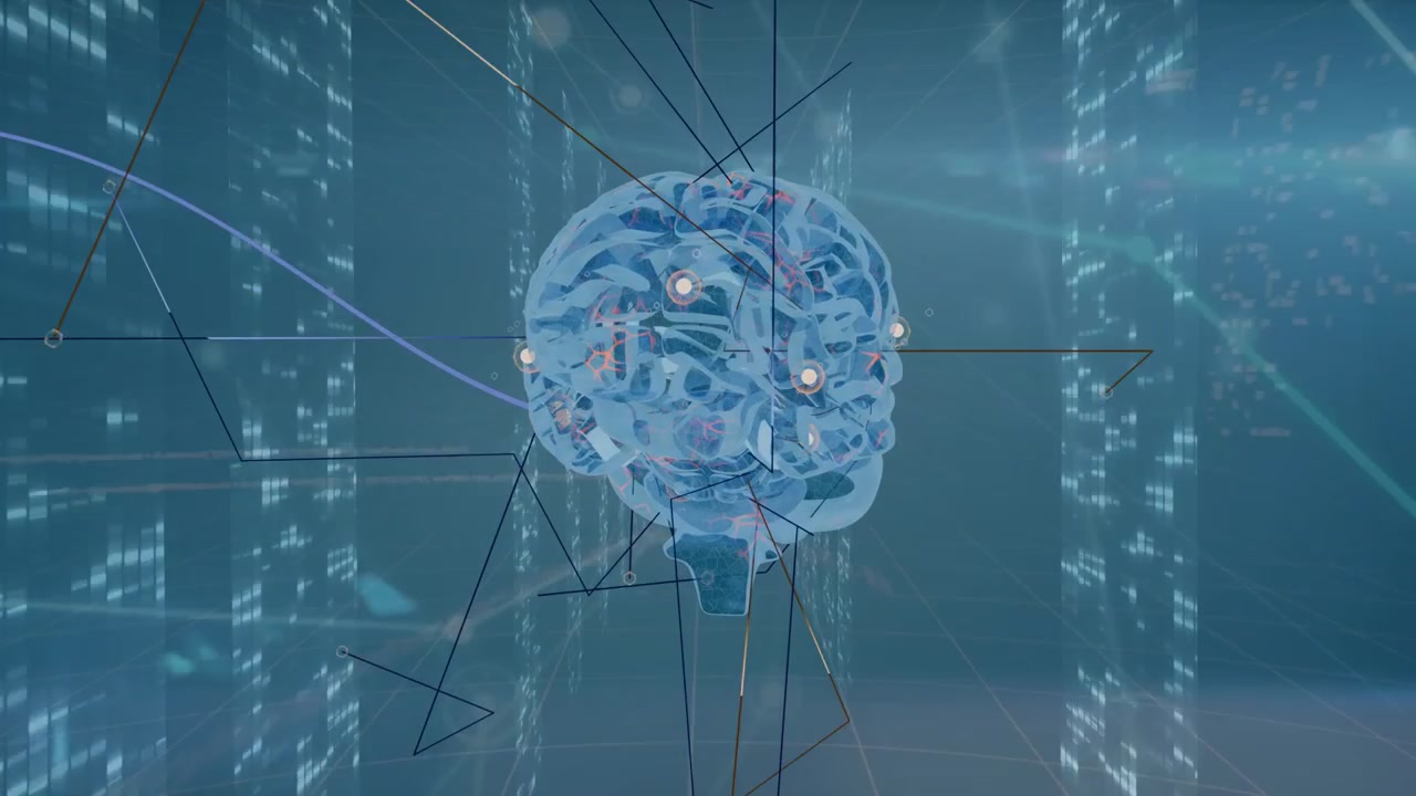 Translucent 3D brain hovering, nodes lighting and sending pulses along links, showing data flow