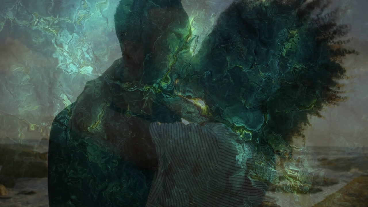 Animation of green and blue patterns overlaying person in striped shirt silhouette