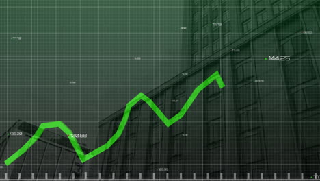 Animación-Del-Procesamiento-De-Datos-Estadísticos-Frente-A-Una-Vista-De-ángulo-Bajo-De-Edificios-Altos.