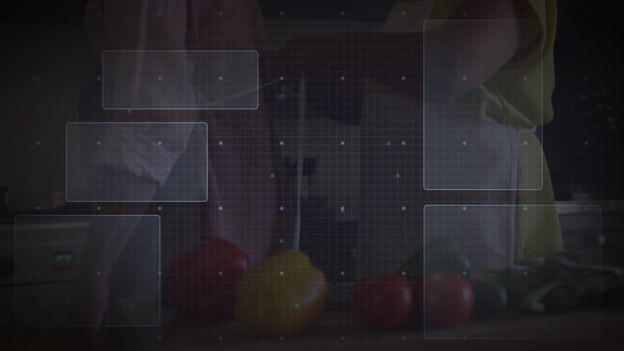 Senior couple arranging produce at counter, overlay starting and radar scanning for kitchen guide