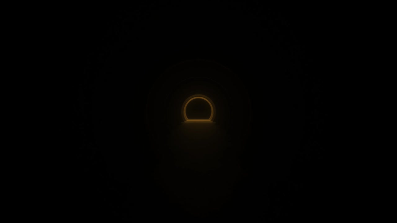 Abstract tunnel corridor with bright orange neon lights illuminating on black background. Light sparkles and move forward.  Seamless loop 3d animation of 4K